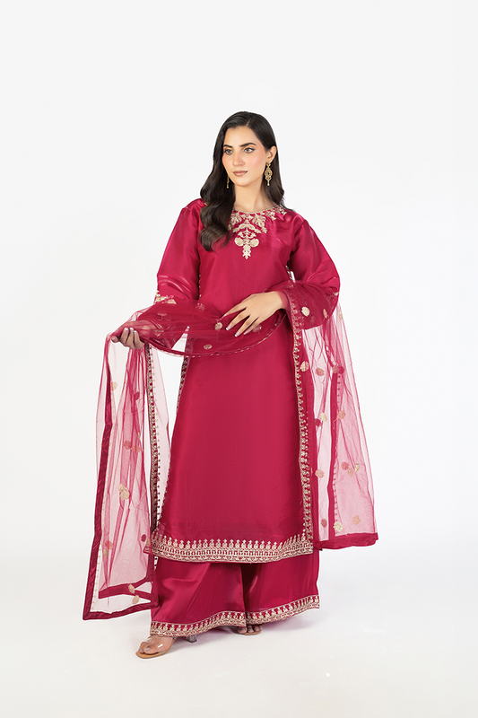 Magenta Lava Silk Embroidered 3-Piece Suit with Net Dupatta