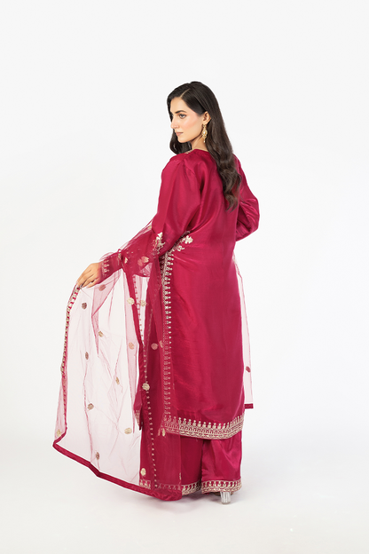 Magenta Lava Silk Embroidered 3-Piece Suit with Net Dupatta