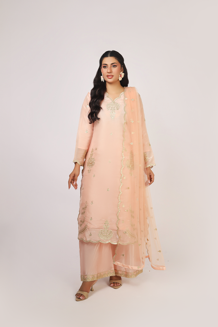 Peach Lava Silk Embroidered Suit with Net Dupatta