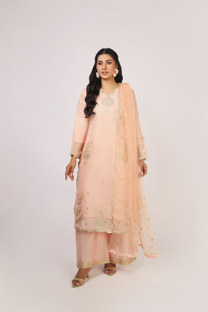 Peach Lava Silk Embroidered Suit with Net Dupatta