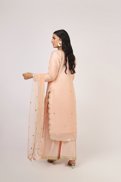 Peach Lava Silk Embroidered Suit with Net Dupatta