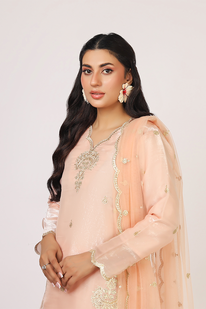 Peach Lava Silk Embroidered Suit with Net Dupatta