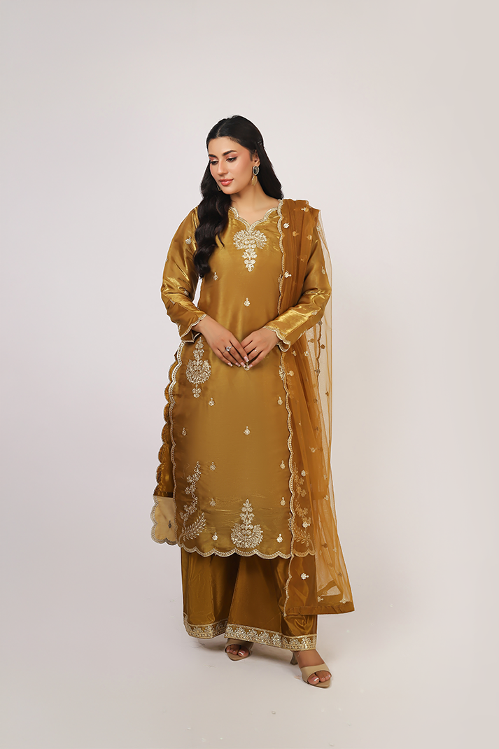 Mustard Lava Silk Embroidered Suit with Net Dupatta