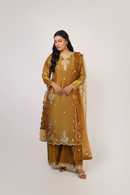 Mustard Lava Silk Embroidered Suit with Net Dupatta