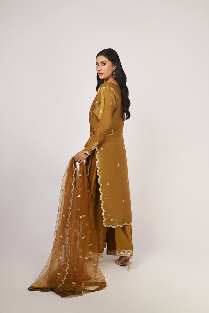 Mustard Lava Silk Embroidered Suit with Net Dupatta