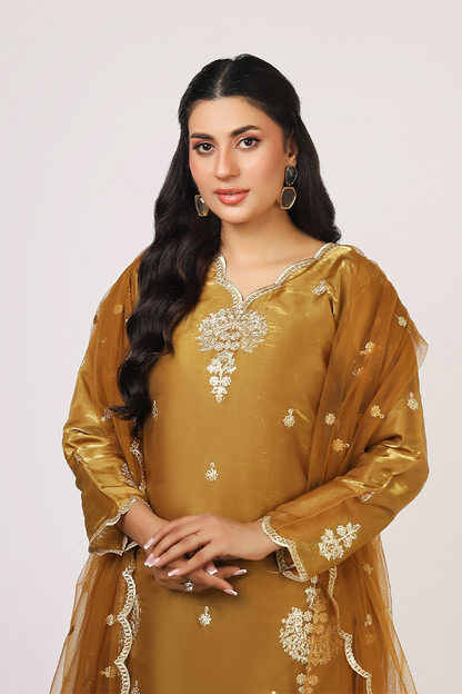 Mustard Lava Silk Embroidered Suit with Net Dupatta