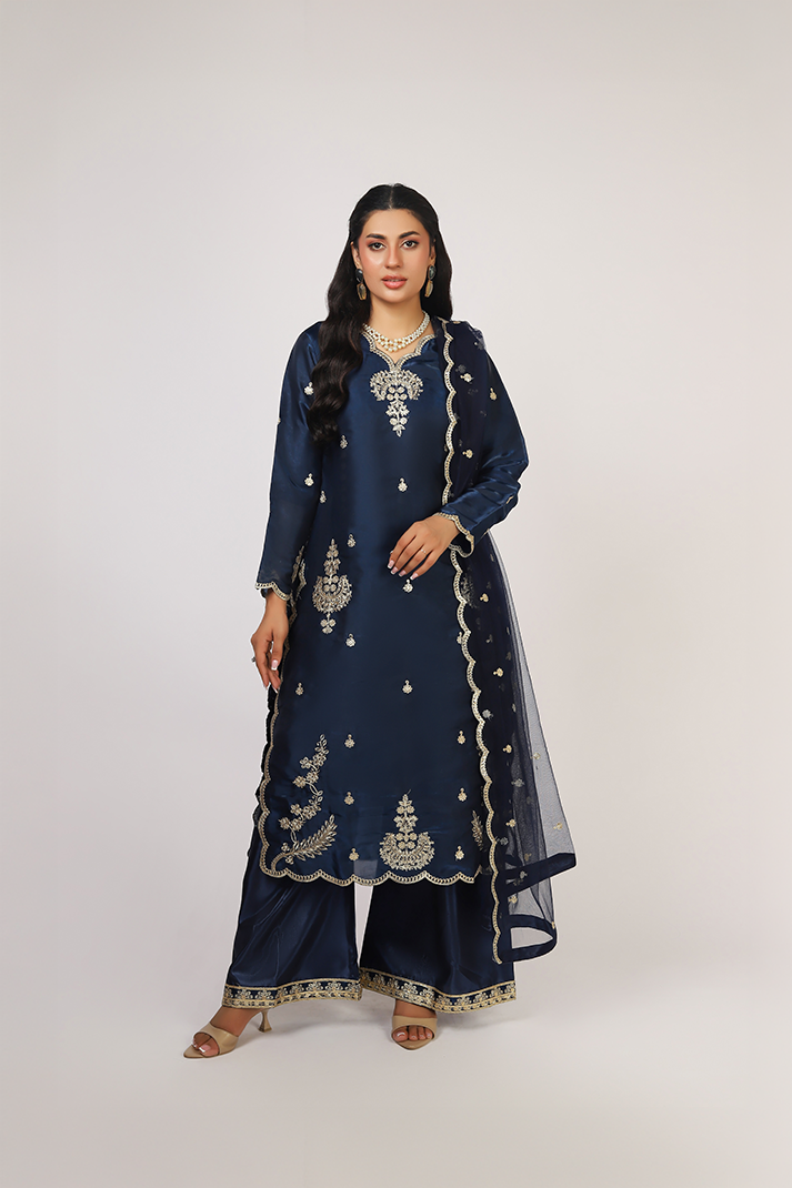 Navy Blue Lava Silk Embroidered Suit with Net Dupatta