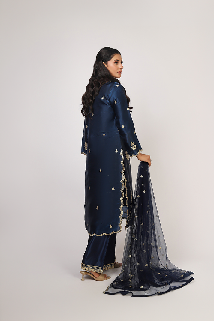 Navy Blue Lava Silk Embroidered Suit with Net Dupatta