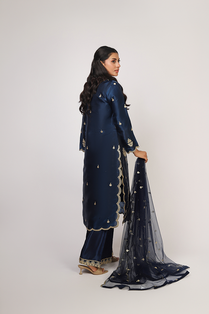Navy Blue Lava Silk Embroidered Suit with Net Dupatta