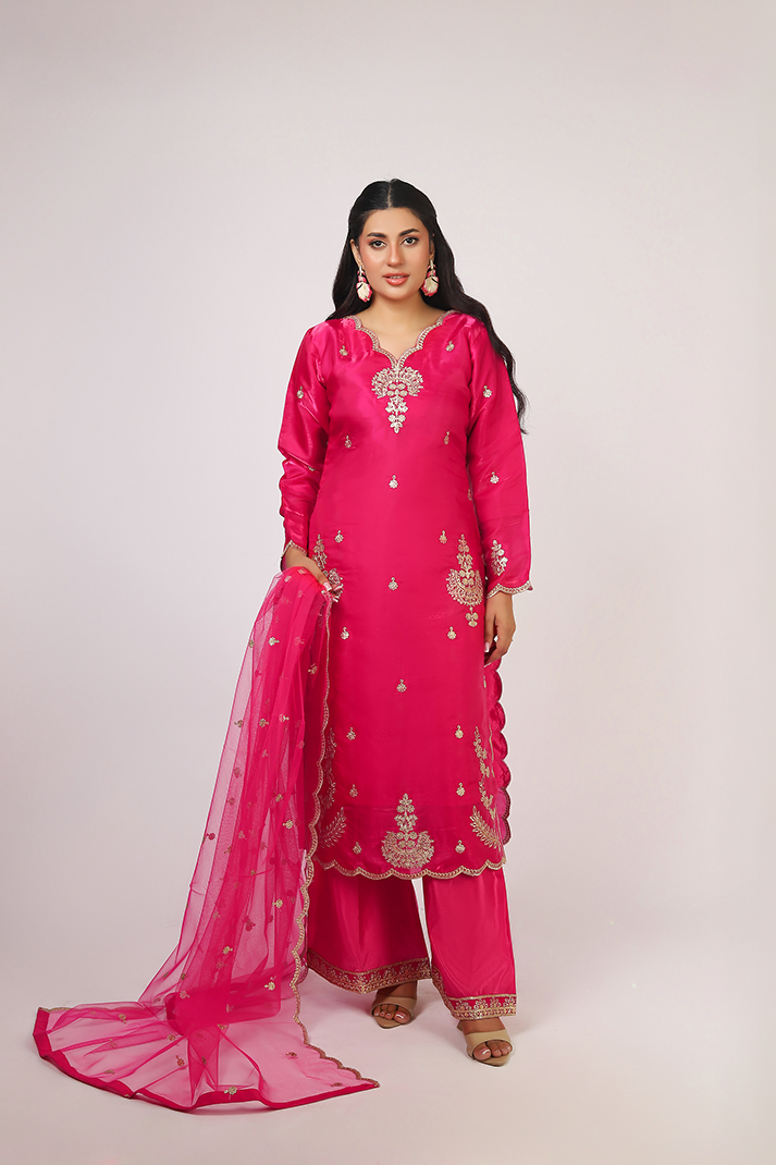 Shocking Pink Lava Silk Embroidered Suit with Net Dupatta