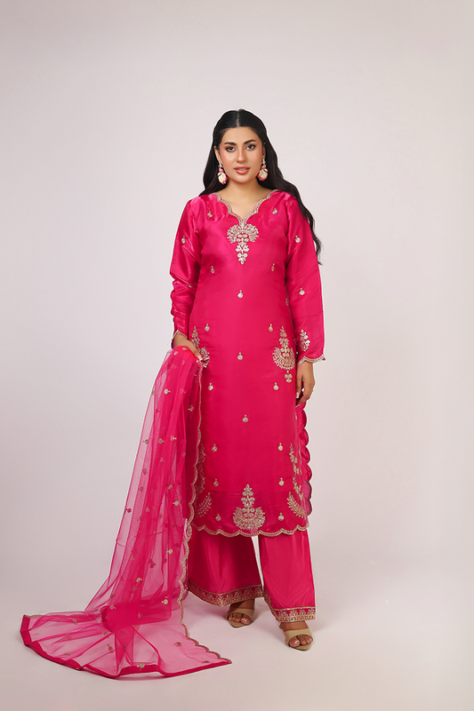 Shocking Pink Lava Silk Embroidered Suit with Net Dupatta