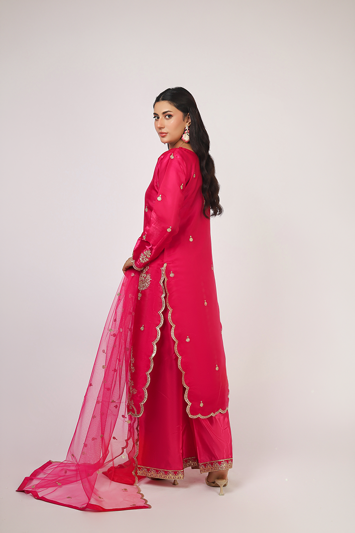Shocking Pink Lava Silk Embroidered Suit with Net Dupatta