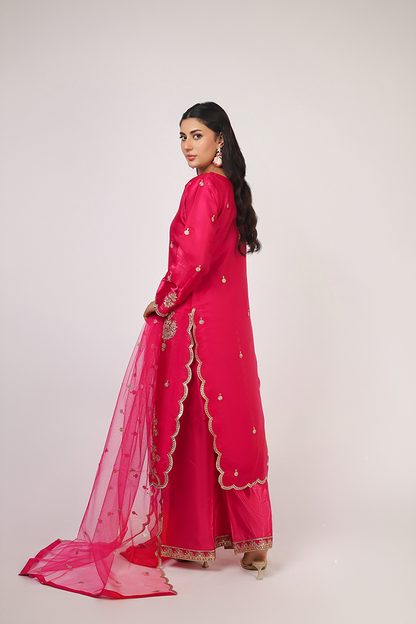Shocking Pink Lava Silk Embroidered Suit with Net Dupatta