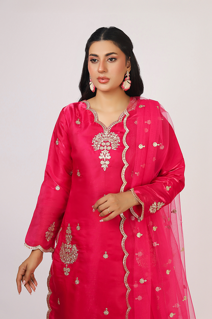Shocking Pink Lava Silk Embroidered Suit with Net Dupatta