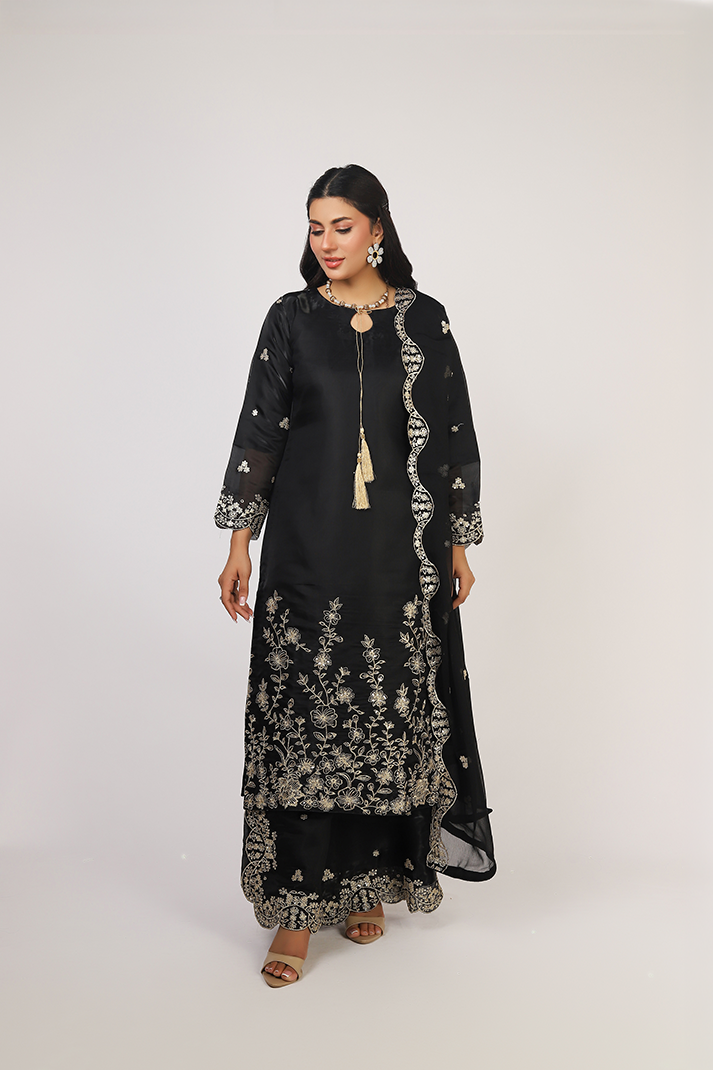 Black Lava Silk Embroidered Suit with Crinkle Dupatta