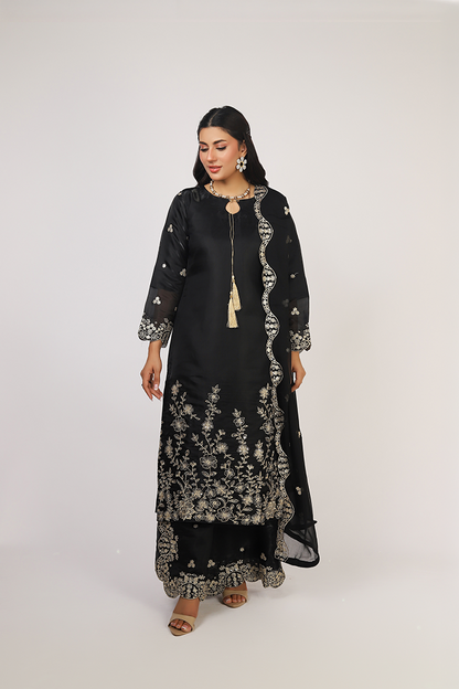 Black Lava Silk Embroidered Suit with Crinkle Dupatta
