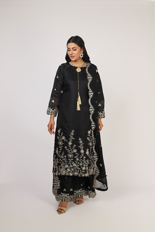 Black Lava Silk Embroidered Suit with Crinkle Dupatta