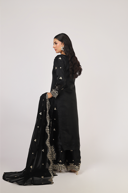 Black Lava Silk Embroidered Suit with Crinkle Dupatta