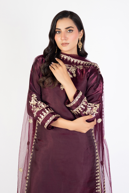 Wine Lava Silk Embroidered  Suit with Net Dupatta