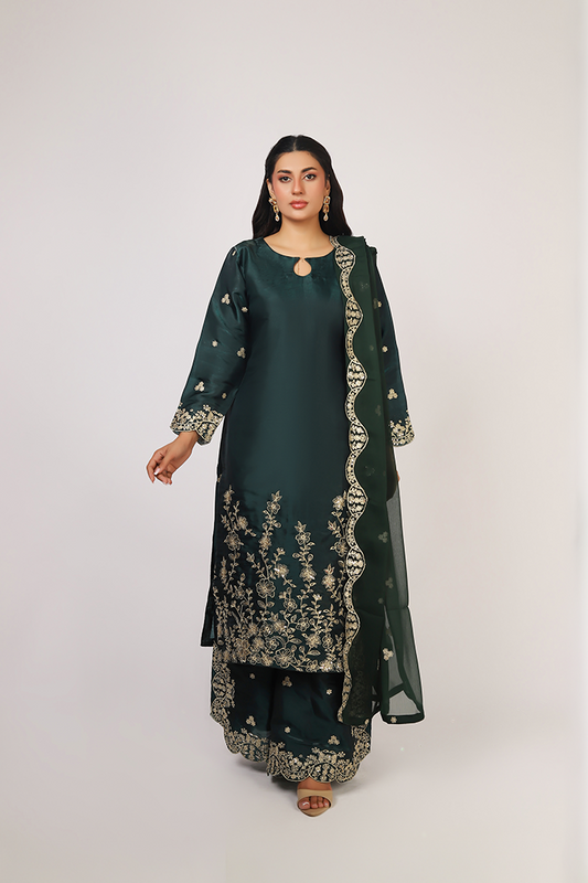 Bottle Green Lava Silk Embroidered Suit with Crinkle Dupatta