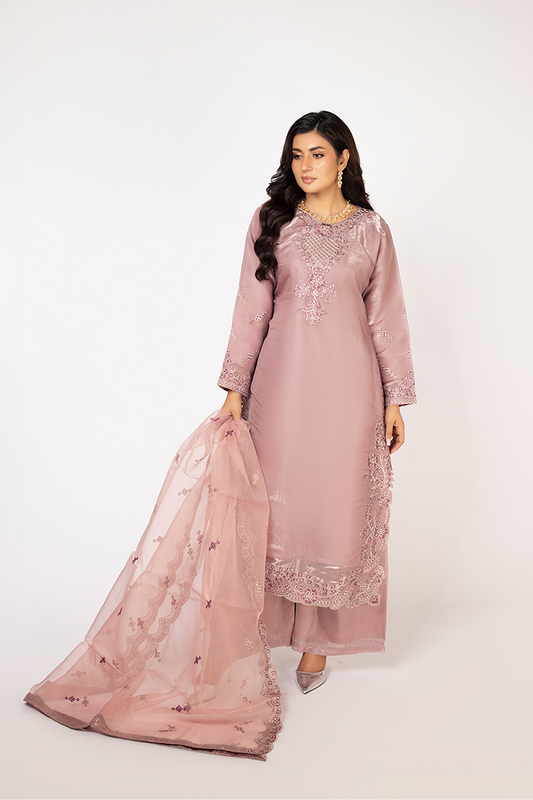 Mauve Lava Silk Embroidered Suit with Organza Dupatta