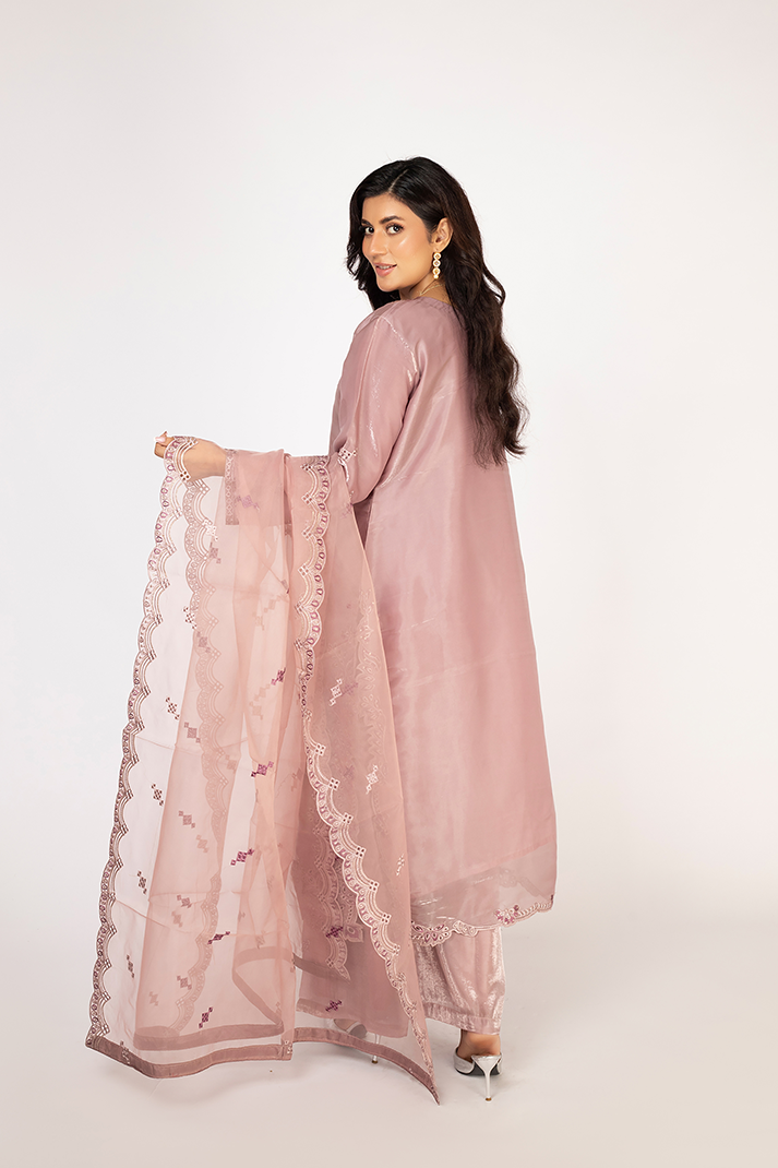 Mauve Lava Silk Embroidered Suit with Organza Dupatta