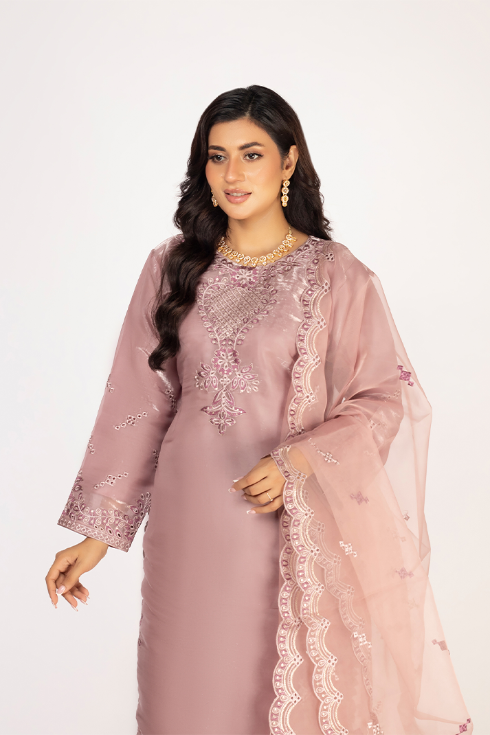 Mauve Lava Silk Embroidered Suit with Organza Dupatta