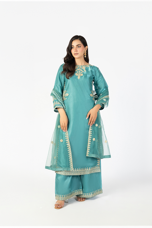 Teal Lava Silk Embroidered Suit with Net Dupatta