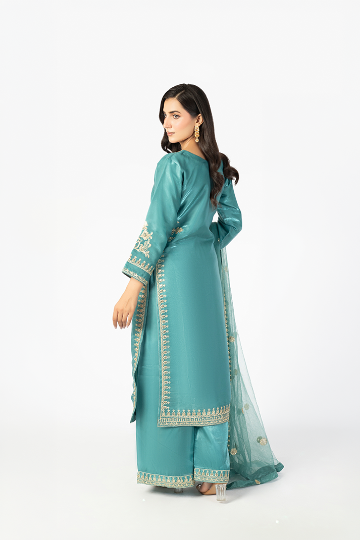 Teal Lava Silk Embroidered Suit with Net Dupatta