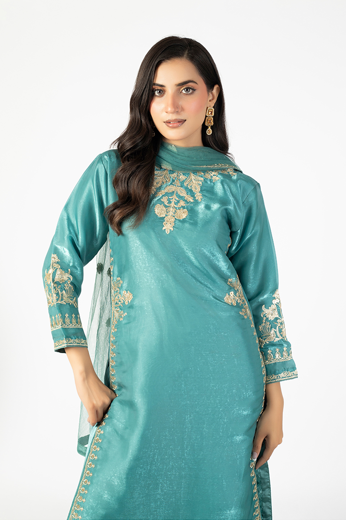 Teal Lava Silk Embroidered Suit with Net Dupatta