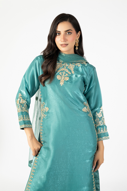 Teal Lava Silk Embroidered Suit with Net Dupatta