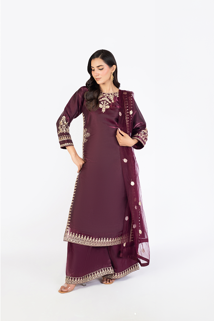 Wine Lava Silk Embroidered  Suit with Net Dupatta