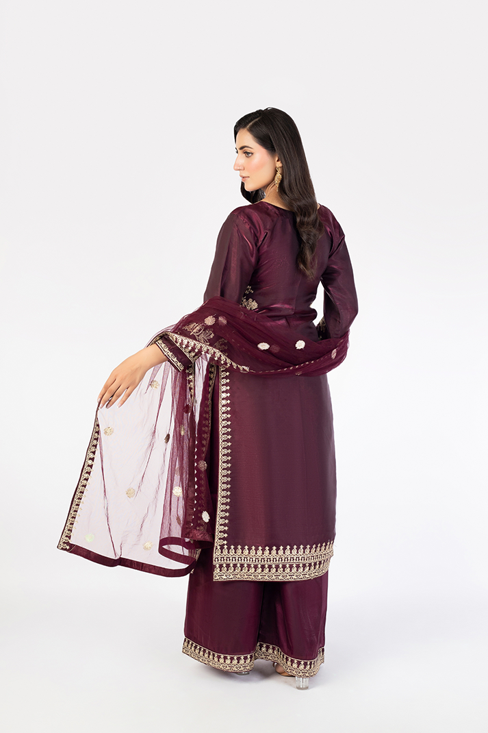 Wine Lava Silk Embroidered  Suit with Net Dupatta