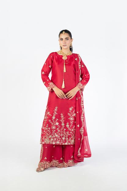 Red Lava Silk Embroidered Suit with Crinkle Dupatta