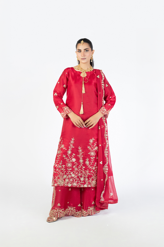 Red Lava Silk Embroidered Suit with Crinkle Dupatta