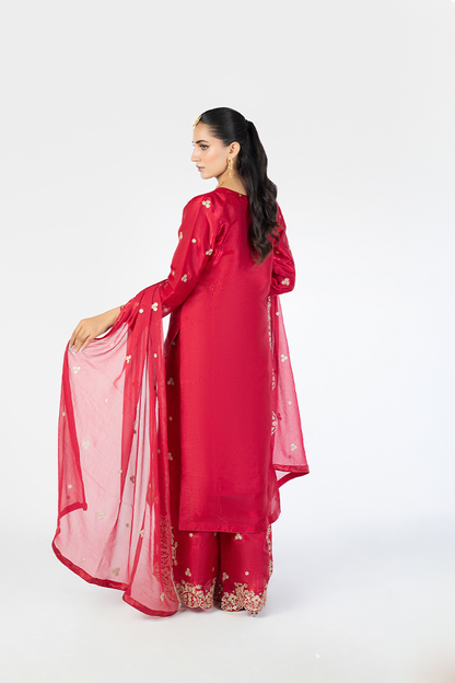 Red Lava Silk Embroidered Suit with Crinkle Dupatta