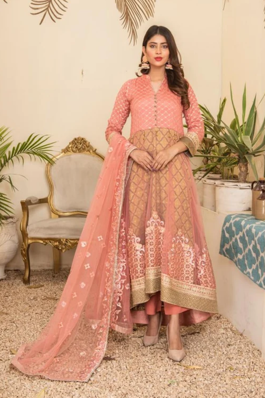 Peach Coral Embroidered Net Maxi – Soft Luxe Festive Edition