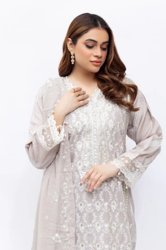 Silver Mist Embroidered Viscose Suit – Elegant Grace Edit (M29)