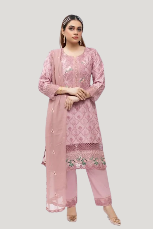 Embroidered Cotton Suit - Rose Pink 3079