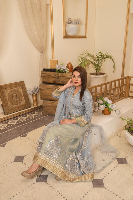 Ice Blue Embroidered Net Maxi – Ethereal Elegance Edition
