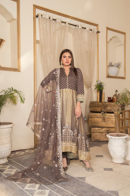 “Zar-e-Brown Sage” Embroidered Net Maxi Set – Regal Festive Edition