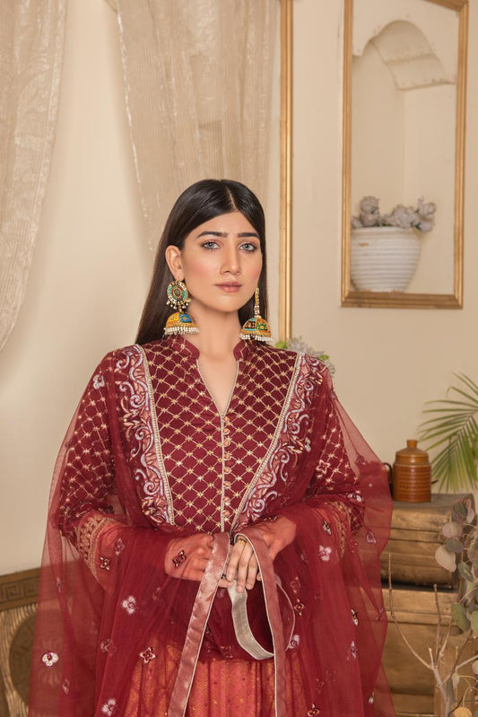 Maroon Royale Embroidered Net Maxi – Luxe Festive Edition