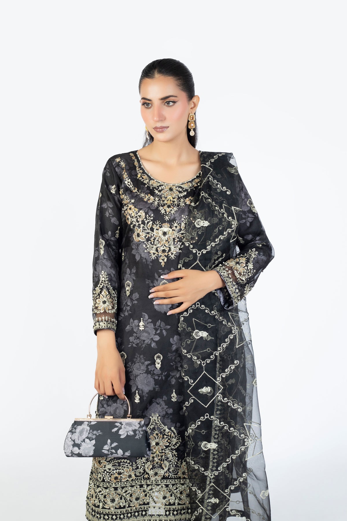 Black Handmade Embellished Organza Ensemble with Clutch & Khussa