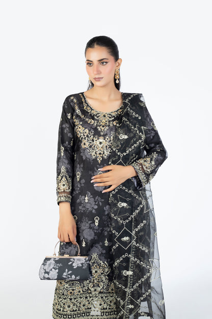 Black Handmade Embellished Organza Ensemble with Clutch & Khussa