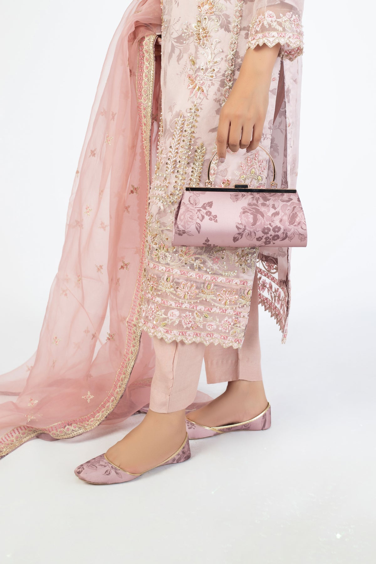 Dusty Pink Champagne Handmade Embellished Organza Ensemble with Clutch & Khussa