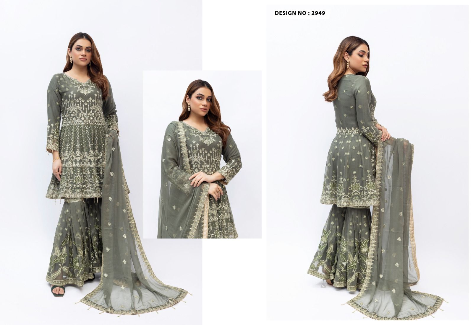Sage Elegance – Embroidered Crinkle Frock Gharara (2949)