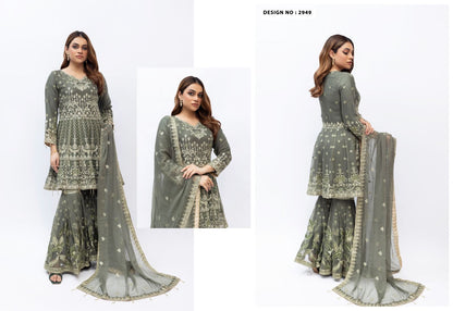 Sage Elegance – Embroidered Crinkle Frock Gharara (2949)