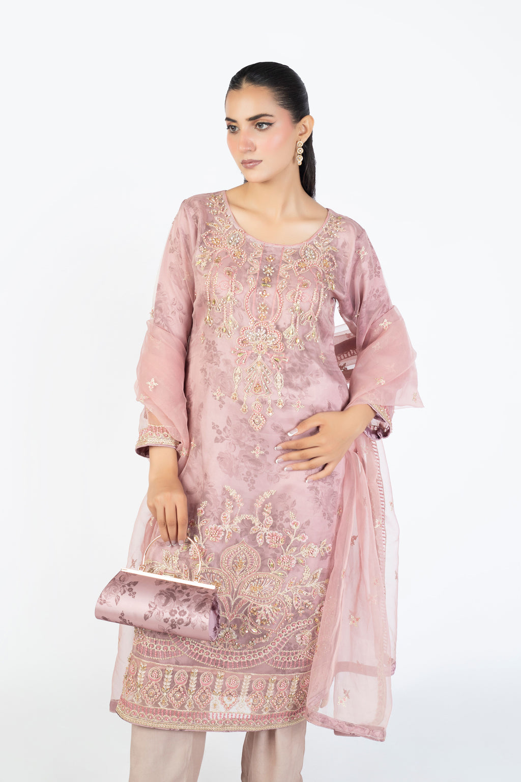 Onion Pink Handmade Embellished Organza Ensemble with Clutch & Khussa