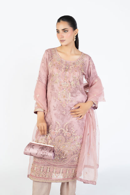 Onion Pink Handmade Embellished Organza Ensemble with Clutch & Khussa