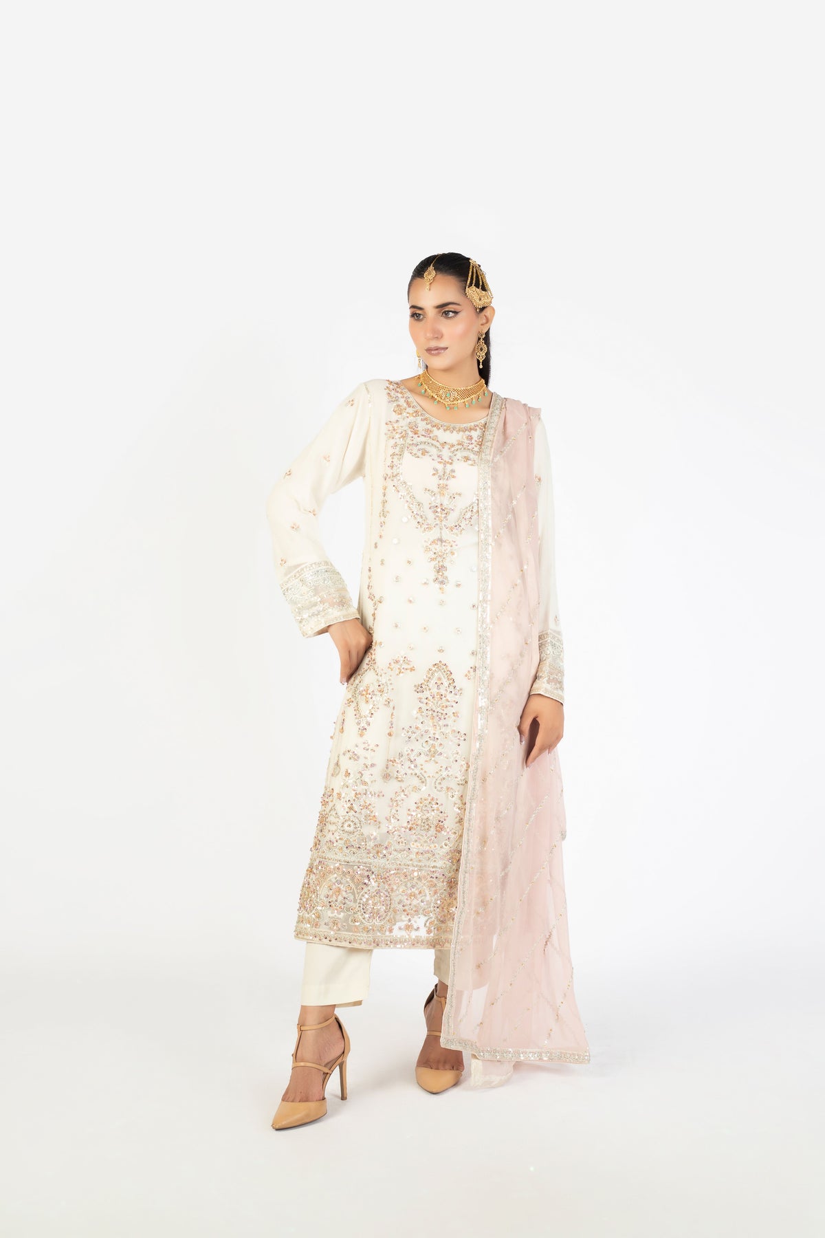 Ivory White Elegant Krinckle & Raw Silk Handmade Embellished Ensemble